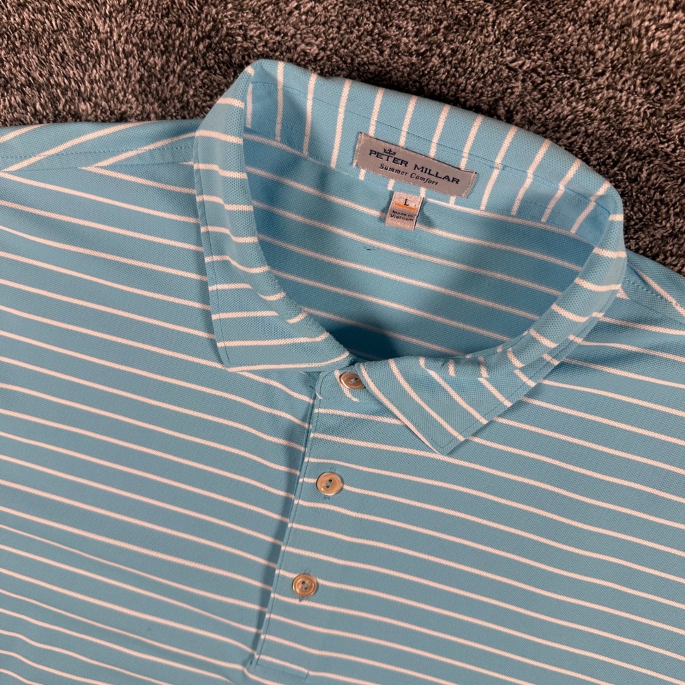 Peter Millar Polo Shirt Mens Large Summer Comfort Blue Striped Short Sleeve Golf